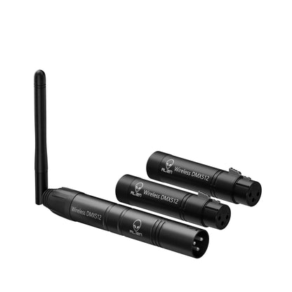 Black wireless dmx512 transmitters with external antennas and threaded connectors for disco dj party and moving head laser use