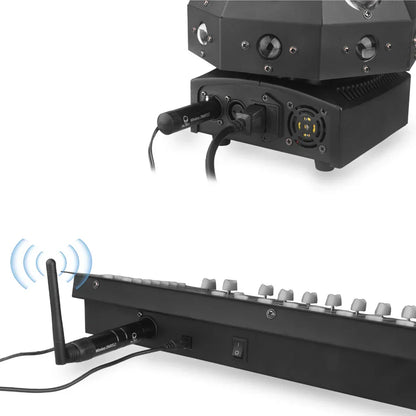 Black wireless dmx512 controller with telescopic antenna and control knobs for disco dj party moving head laser light