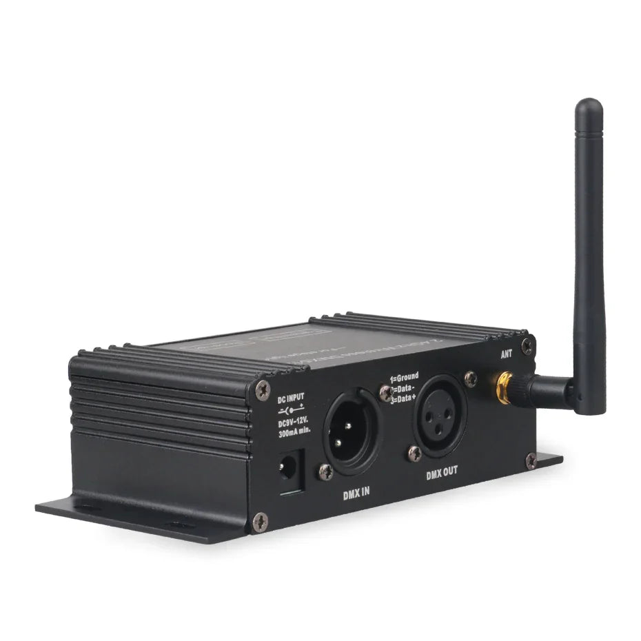 Black metal alien 2.4g wireless dmx controller receiver transmitter with telescopic antenna and labeled ports for disco dj party bar moving head