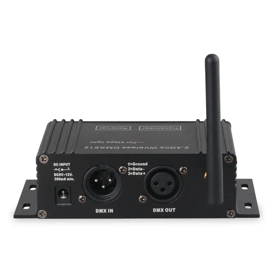Black 2.4ghz wireless dmx controller receiver transmitter with lcd display and xlr connectors for disco dj party and bar moving head lighting