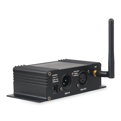 Black metal alien 2.4g wireless dmx controller receiver transmitter with telescopic antenna and labeled ports for disco dj party use