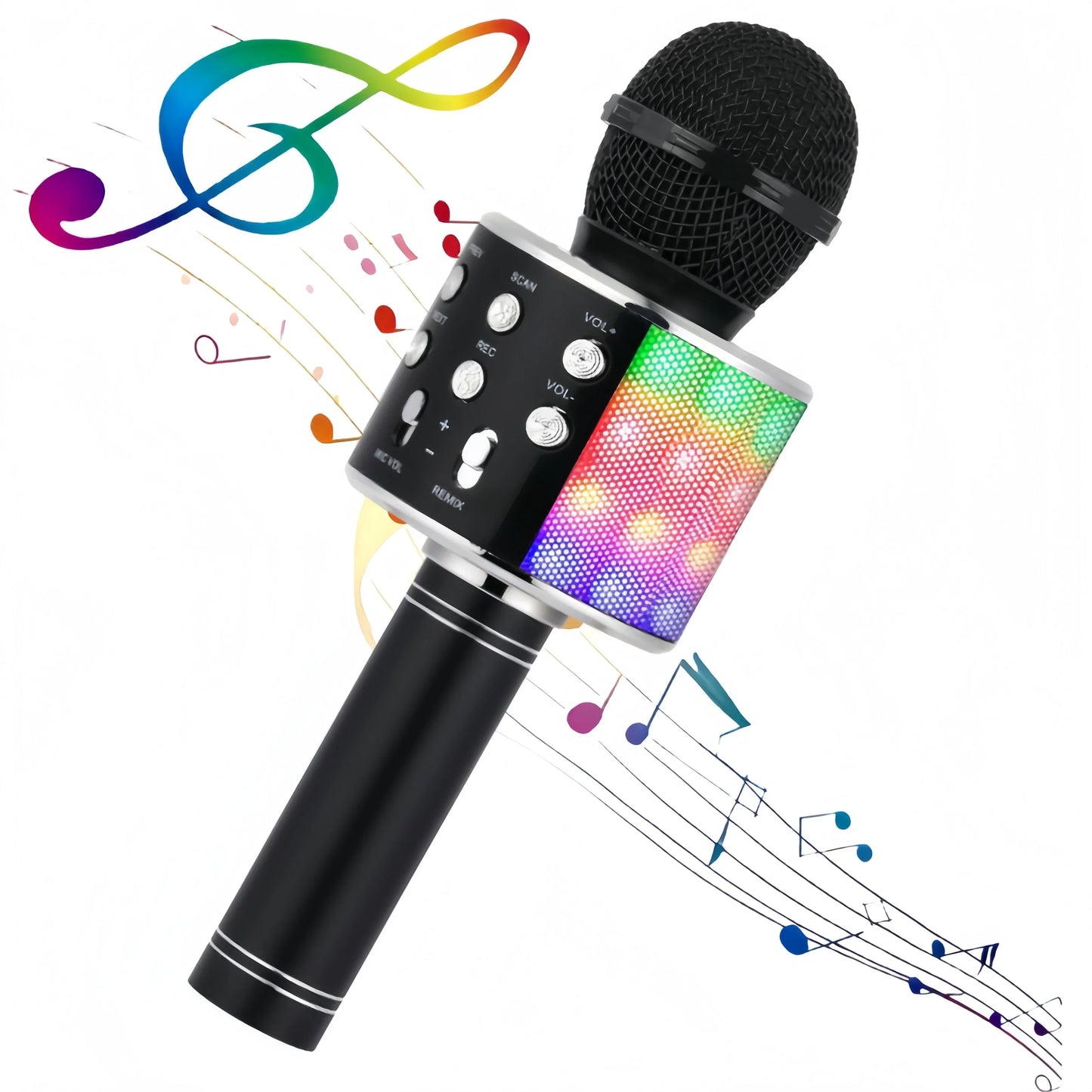 Black wireless microphone speaker karaoke with colorful led light panel and control buttons for party gatherings