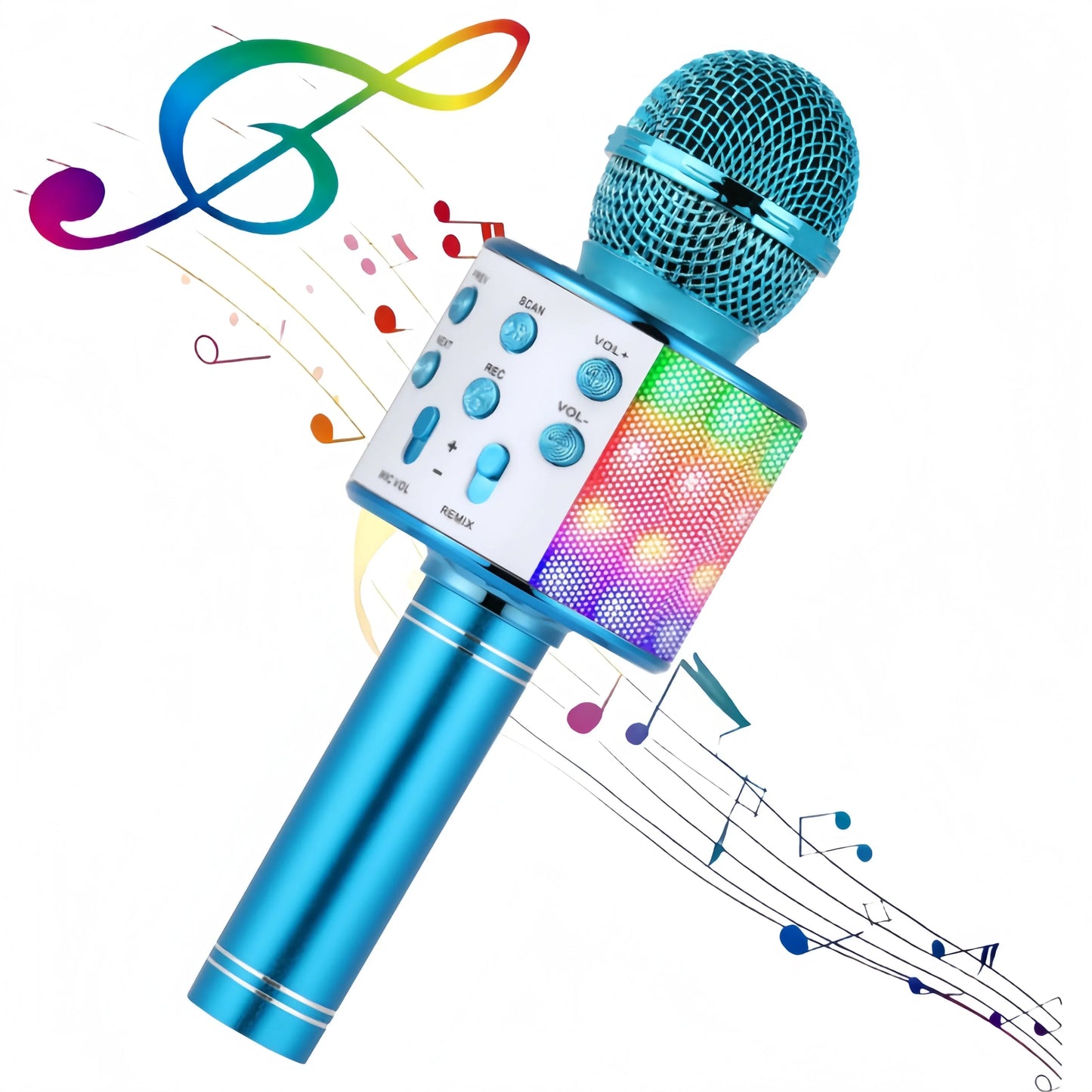 Blue wireless all-in-one microphone speaker karaoke with mesh grille led lights and control buttons for changer fm radio