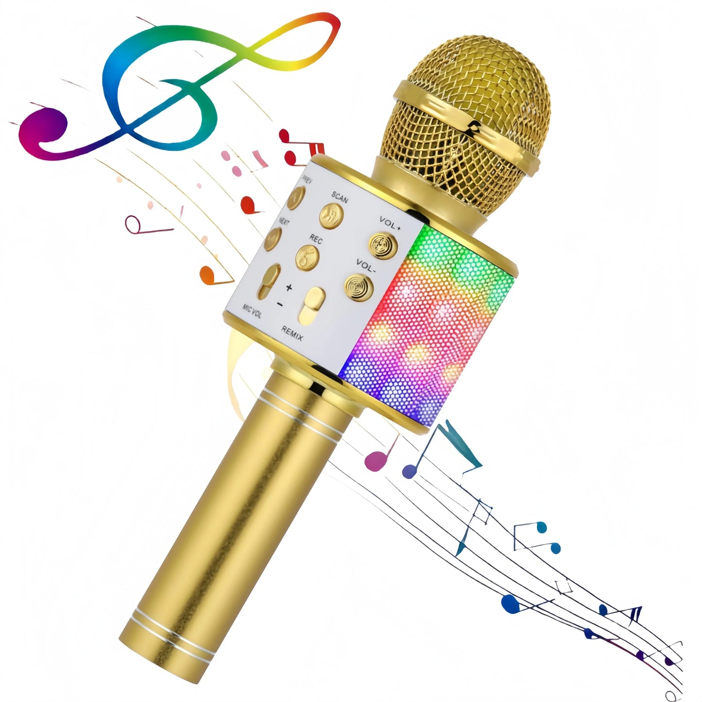 Gold-colored wireless microphone speaker karaoke with mesh grille, rainbow led light, and changer fm radio functions