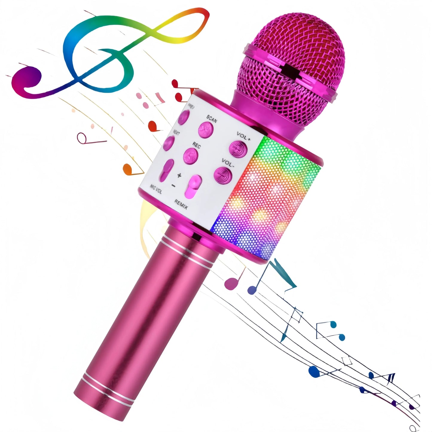 A vibrant pink wireless microphone speaker karaoke with led lights, mesh grille, control buttons, and changer fm radio functions