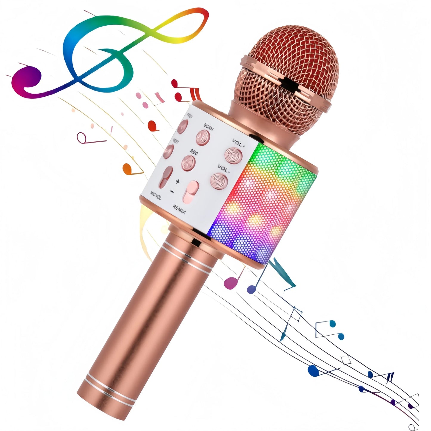 Rose gold wireless microphone speaker karaoke with mesh grille, led light display, and control buttons for karaoke music player and changer fm radio
