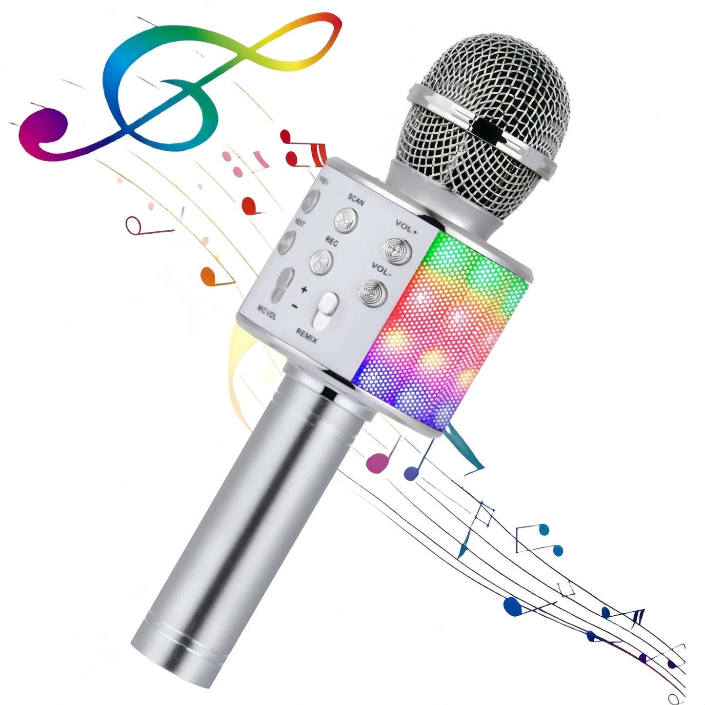 Silver wireless all-in-one microphone speaker karaoke with mesh grille, led light panel, and control buttons for changer fm radio