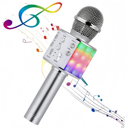 Silver wireless all-in-one microphone speaker karaoke with mesh grille, led light panel, and control buttons for changer fm radio
