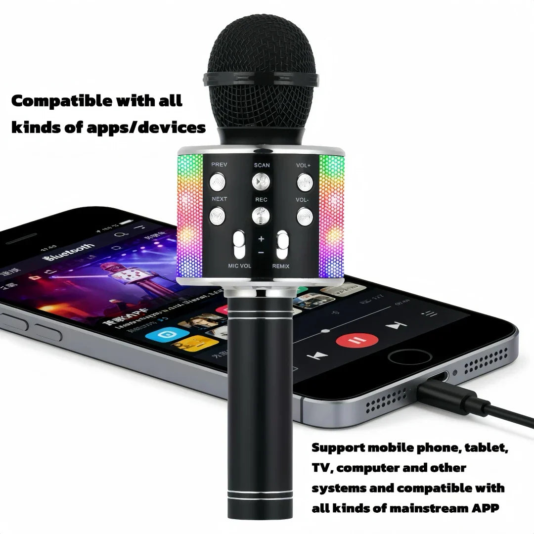Black wireless microphone speaker karaoke with colorful led lights silver accents changer fm radio for party use