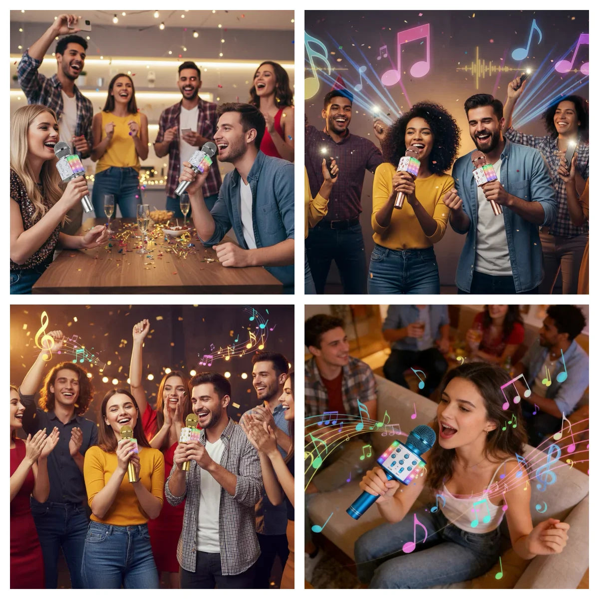 Colorful led-lit wireless microphone speaker karaoke with voice changer fm radio and touch-sensitive controls for parties