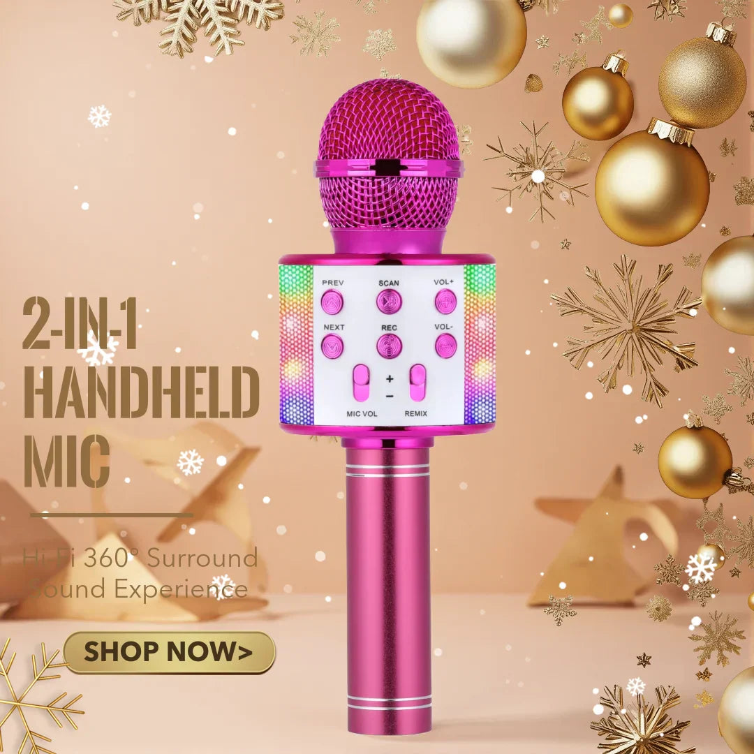 Pink metallic all-in-one microphone speaker karaoke with mesh grille, led lights, changer fm radio for party gatherings