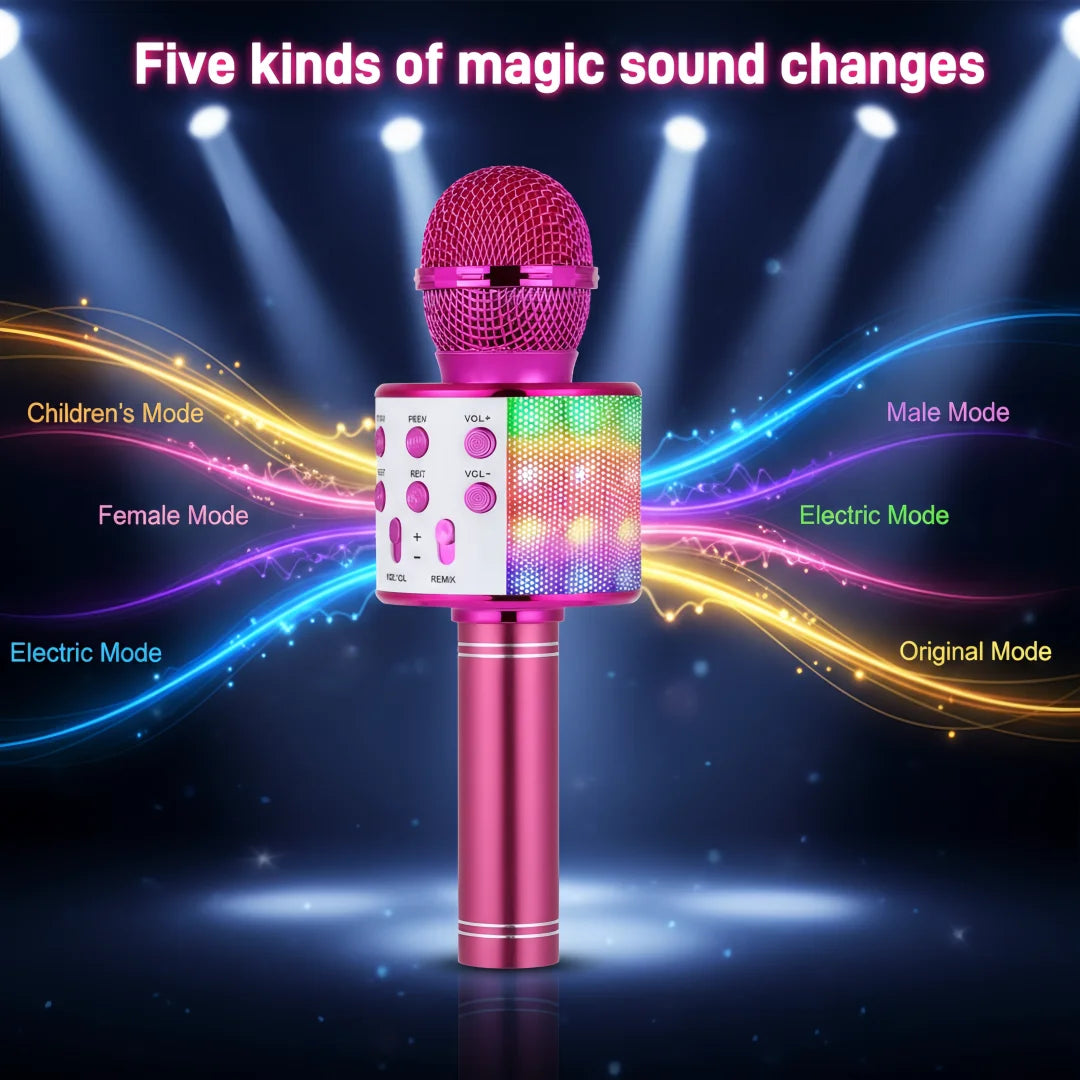 Pink wireless microphone speaker karaoke with mesh grille colorful led light panel and sound mode control buttons