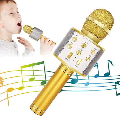 Gold-colored wireless karaoke microphone with mesh grille and silver control panel offers stable connection and multiple compatible devices