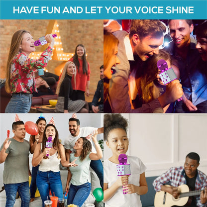 Purple handheld karaoke microphone with silver grille and button panel featuring stable connection and multiple compatible devices