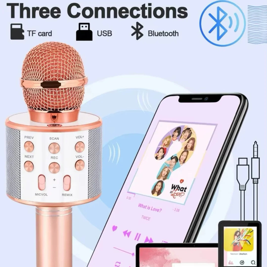 Rose gold wireless karaoke microphone with mesh grille and control buttons for stable connection and multiple compatible devices