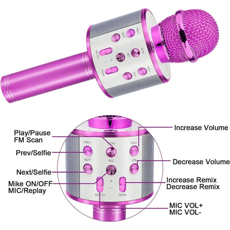 A vibrant pink all-in-one led light karaoke microphone with a mesh grille stable connection and multiple compatible devices