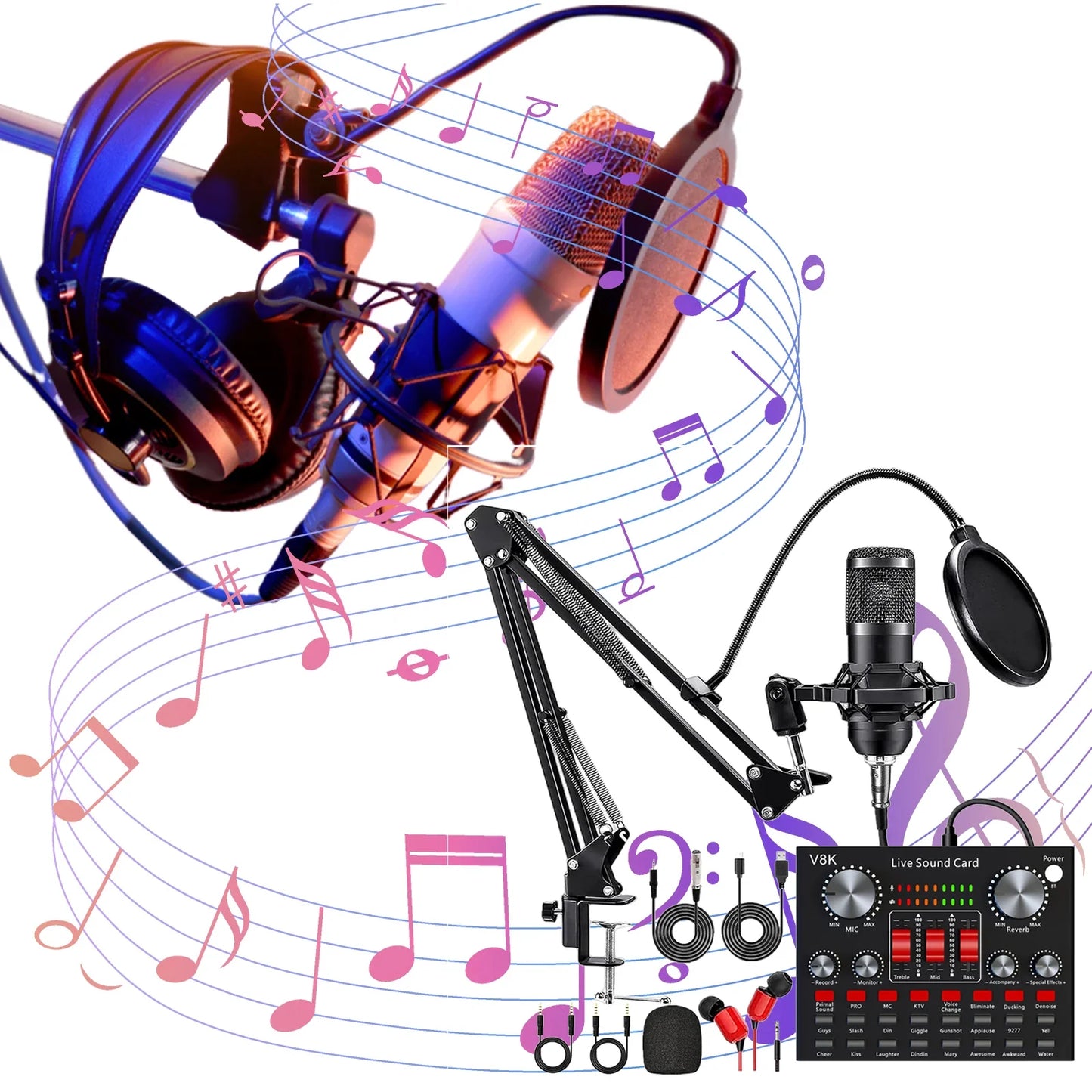 Black and silver v8k live sound card with adjustable microphone stand pop filter headphones and cables podcast equipment bundle