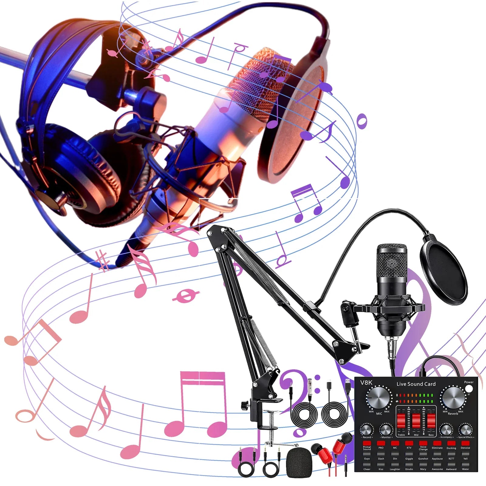 Black and silver v8k live sound card with adjustable microphone stand pop filter headphones and cables podcast equipment bundle