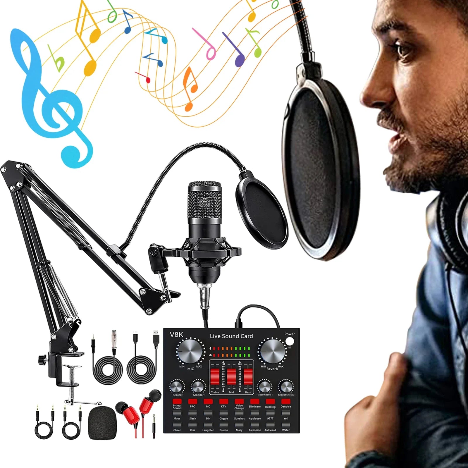 Black condenser microphone with pop filter and adjustable arm mounted on v8k live sound card in recording studio package