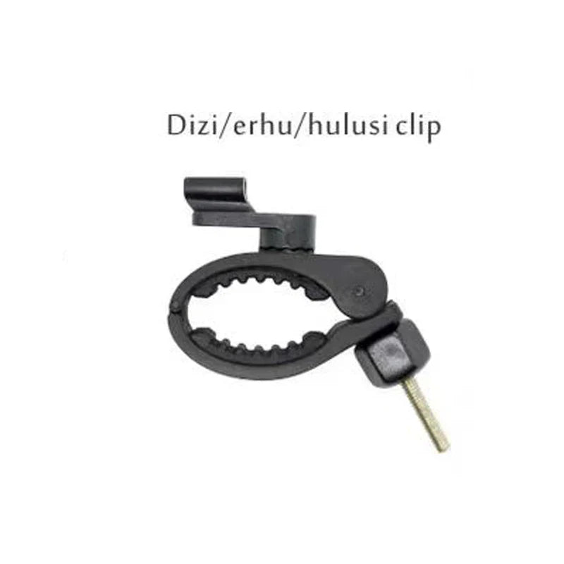 Black plastic dizi microphone clip with serrated grip and keyhole for musical instrument microphone use