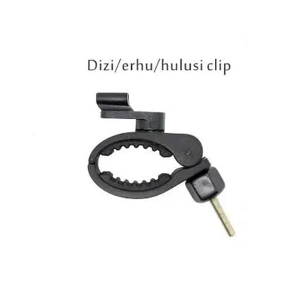 Black plastic dizi microphone clip with serrated grip and keyhole for musical instrument microphone use