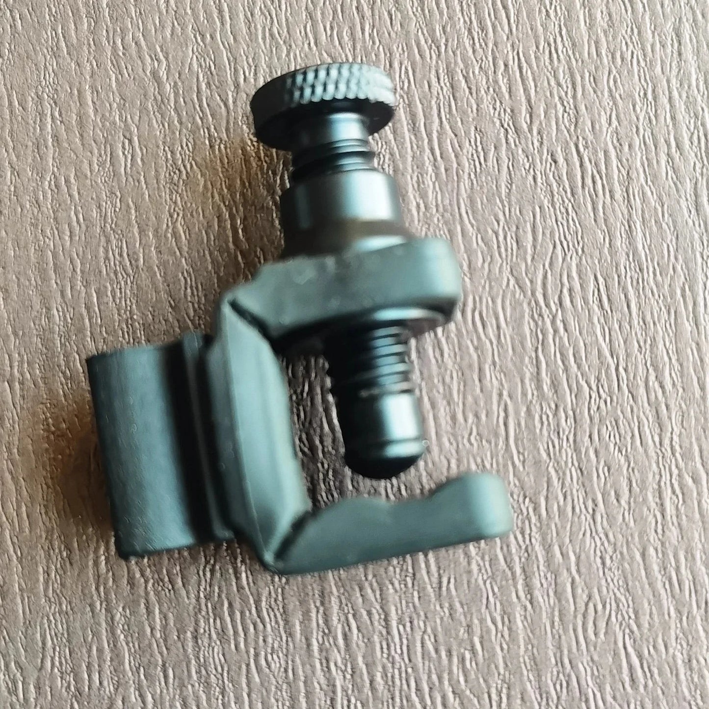 Black metal musical instrument microphone clamp with textured knob and threaded screw for violin mic clamps stringed use