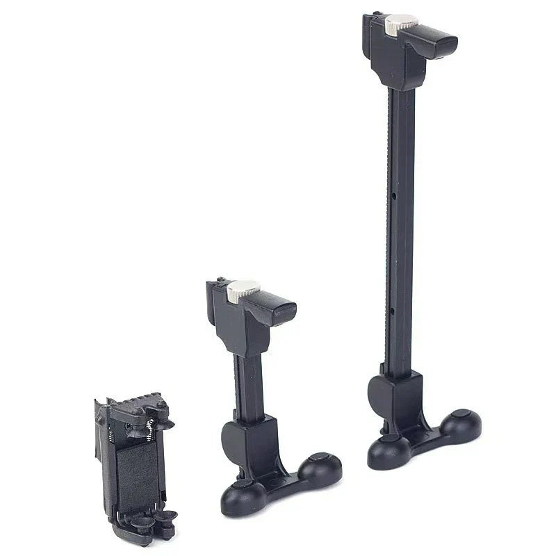 Black plastic camera tripod stand with adjustable height and white knob for securing mic clamps stringed instruments