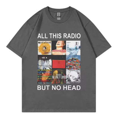 Dark gray cotton t-shirt featuring a rock band Radiohead music album graphic and all this radio but no head text in white