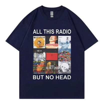 Navy blue rock band Radiohead t-shirt featuring music album graphic collage with all this radio but no head text