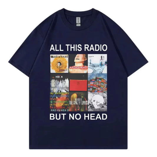 Navy blue rock band Radiohead t-shirt featuring music album graphic collage with all this radio but no head text