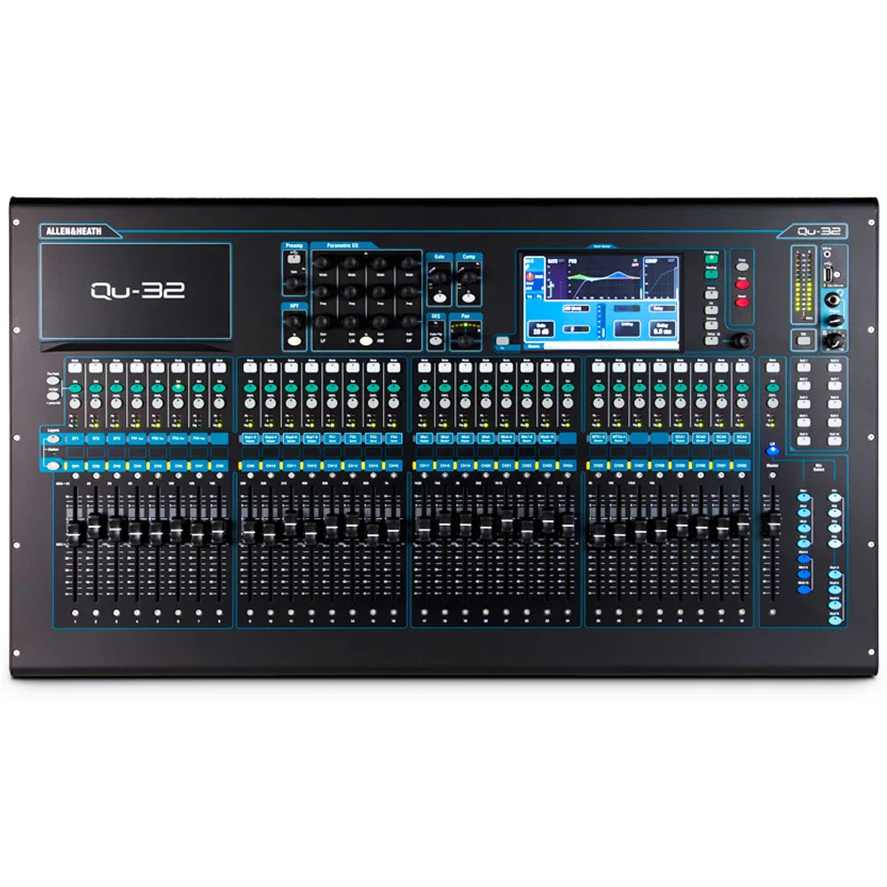 Black allen & heath qu-32 chrome edition digital audio mixer with blue illuminated controls and central touchscreen display