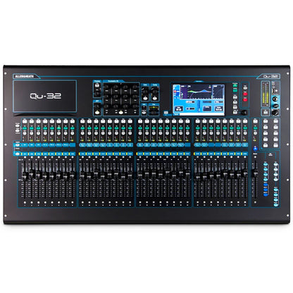 Black allen & heath qu-32 chrome edition digital audio mixer with blue illuminated controls and central touchscreen display