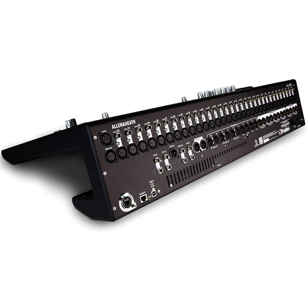 Black allen and heath qu-32 chrome edition digital audio mixer showing multiple xlr and usb ports on the back side