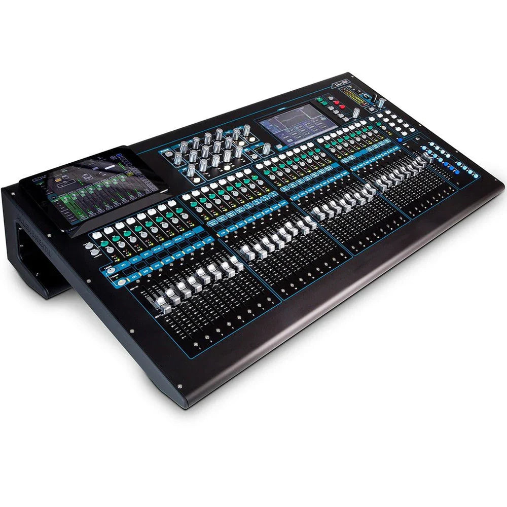 Black professional allen and heath qu-32 chrome edition audio mixing console with blue backlighting and silver knobs