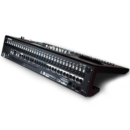 Black professional audio mixing console with multiple xlr inputs and knobs featuring sleek design in qu-32 chrome edition
