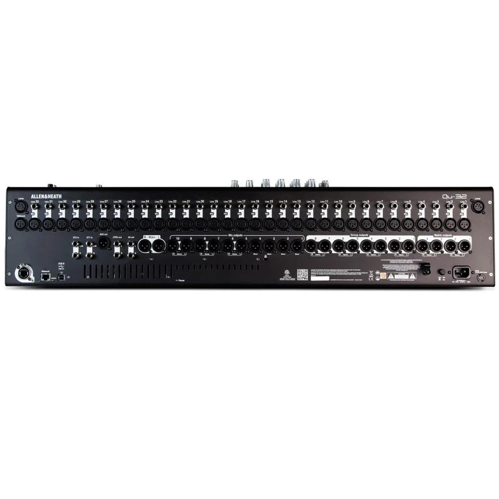 Black Allen and Heath qu-32 chrome edition digital audio mixer with multiple input jacks USB port and power connector