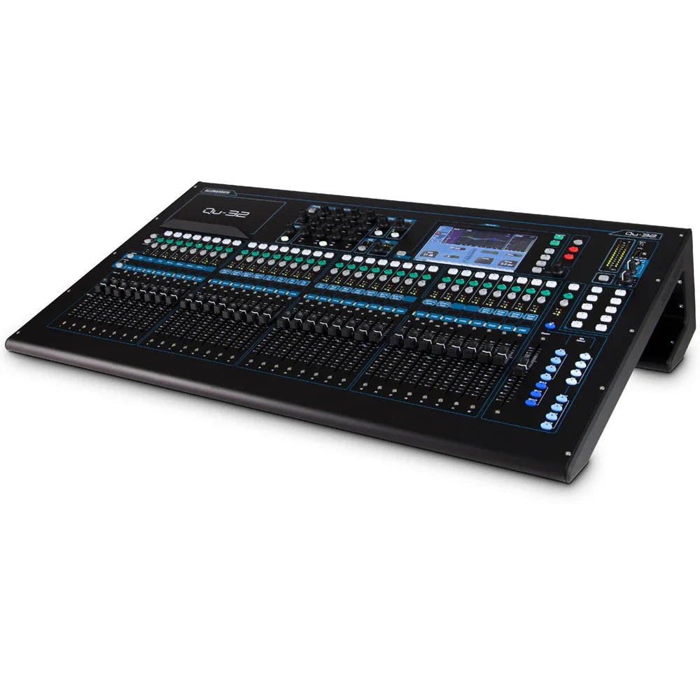 Black qsc qu-32 digital audio mixer with illuminated blue and green controls in qu-32 chrome edition for professional use