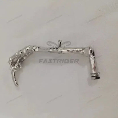 Silver metallic skeleton hand-shaped ear cuff with polished articulated design and vertical middle finger metal motorcycle stand