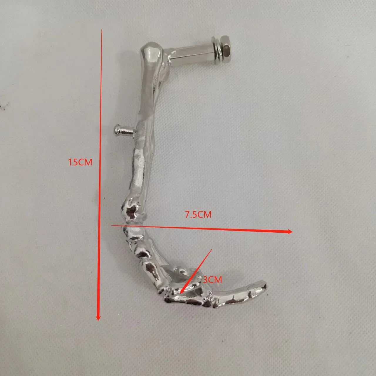 Silver metallic vertical middle finger finger metal motorcycle stand with textured articulated design and bolted attachment points