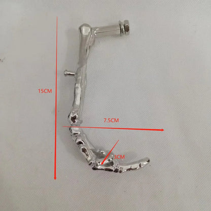 Silver metallic vertical middle finger finger metal motorcycle stand with textured articulated design and bolted attachment points