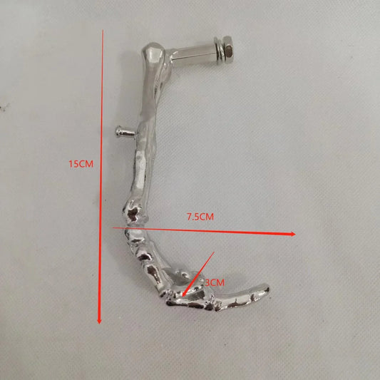 Silver metallic vertical middle finger finger metal motorcycle stand with textured articulated design and bolted attachment points