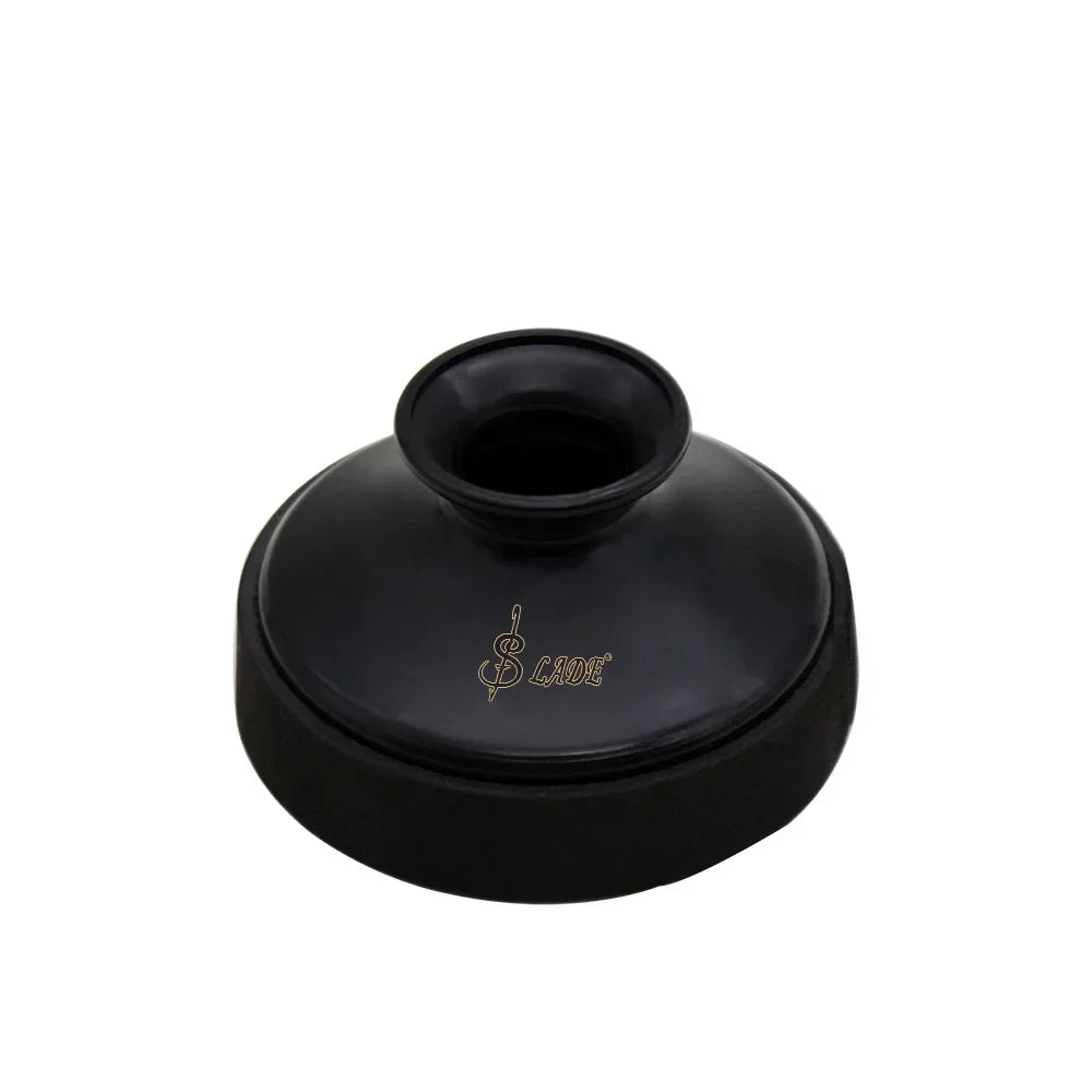 Black matte-finish plastic alto saxophone silencer with gold embossed slade logo for quality woodwind musical use