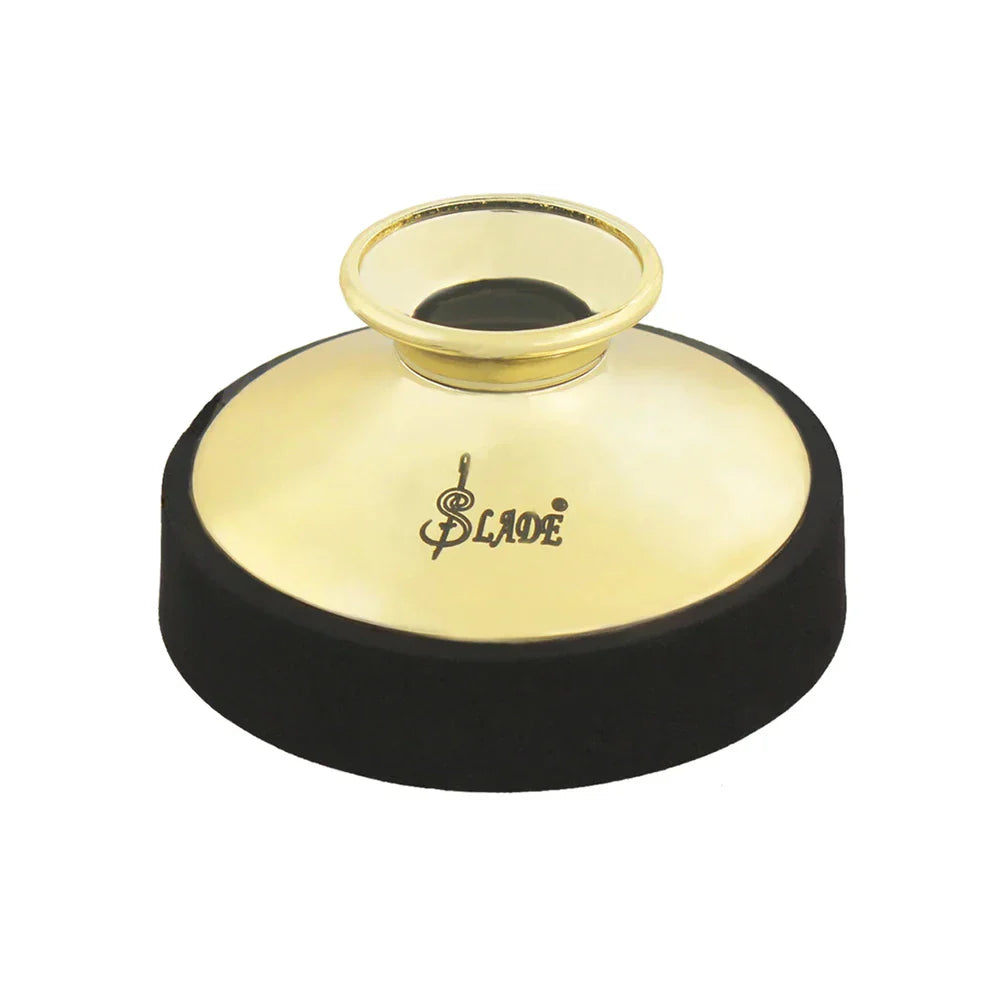 Gold brass alto saxophone silencer mouthpiece rest with black rubber base and slade logo for quality woodwind use