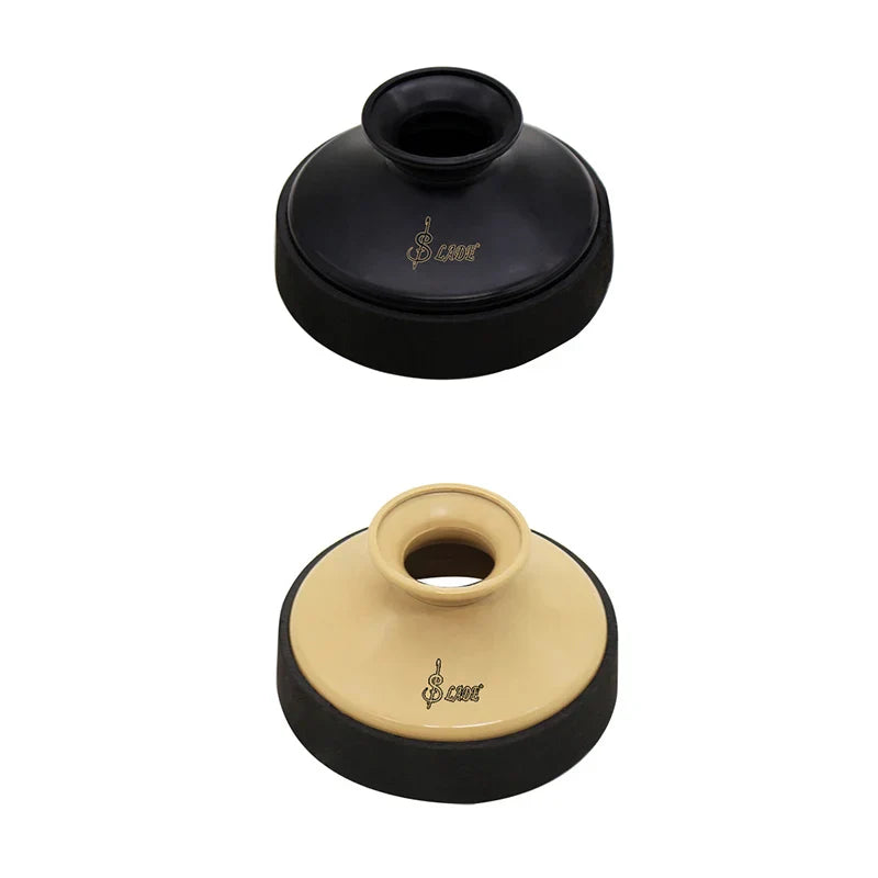 Alto saxophone silencer with black and beige lightweight abs plastic mouthpiece covers featuring gold musical note logos