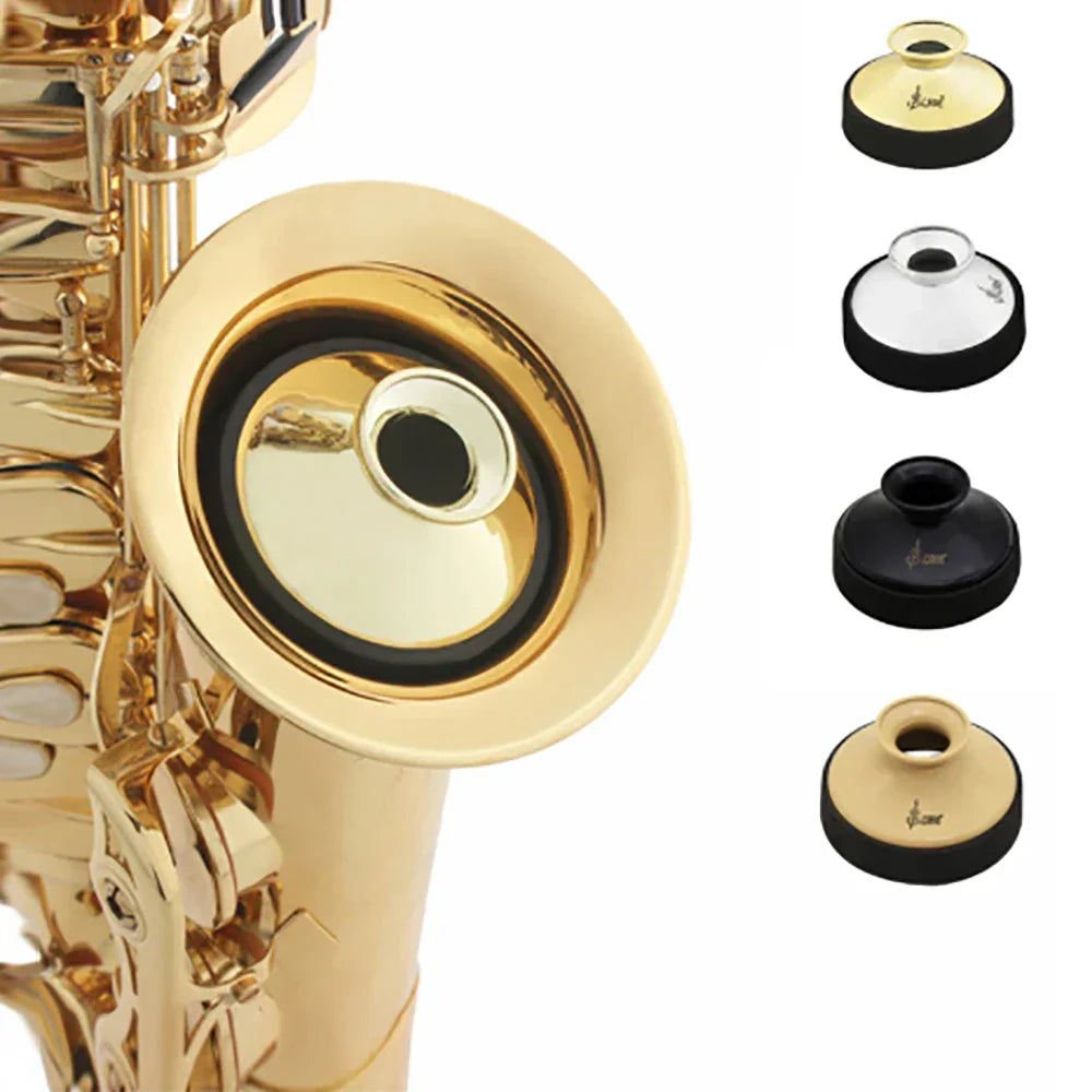 Gold-colored alto saxophone silencer mouthpiece cover with black rubber seal and silver inner ring for quality woodwind use