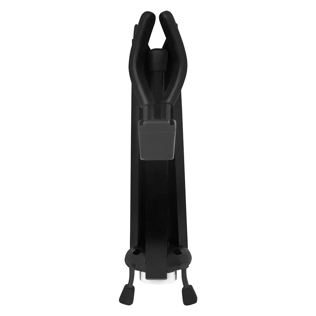Black plastic alto sax stand with adjustable clamps and sturdy base featuring aluminum alloy flat support