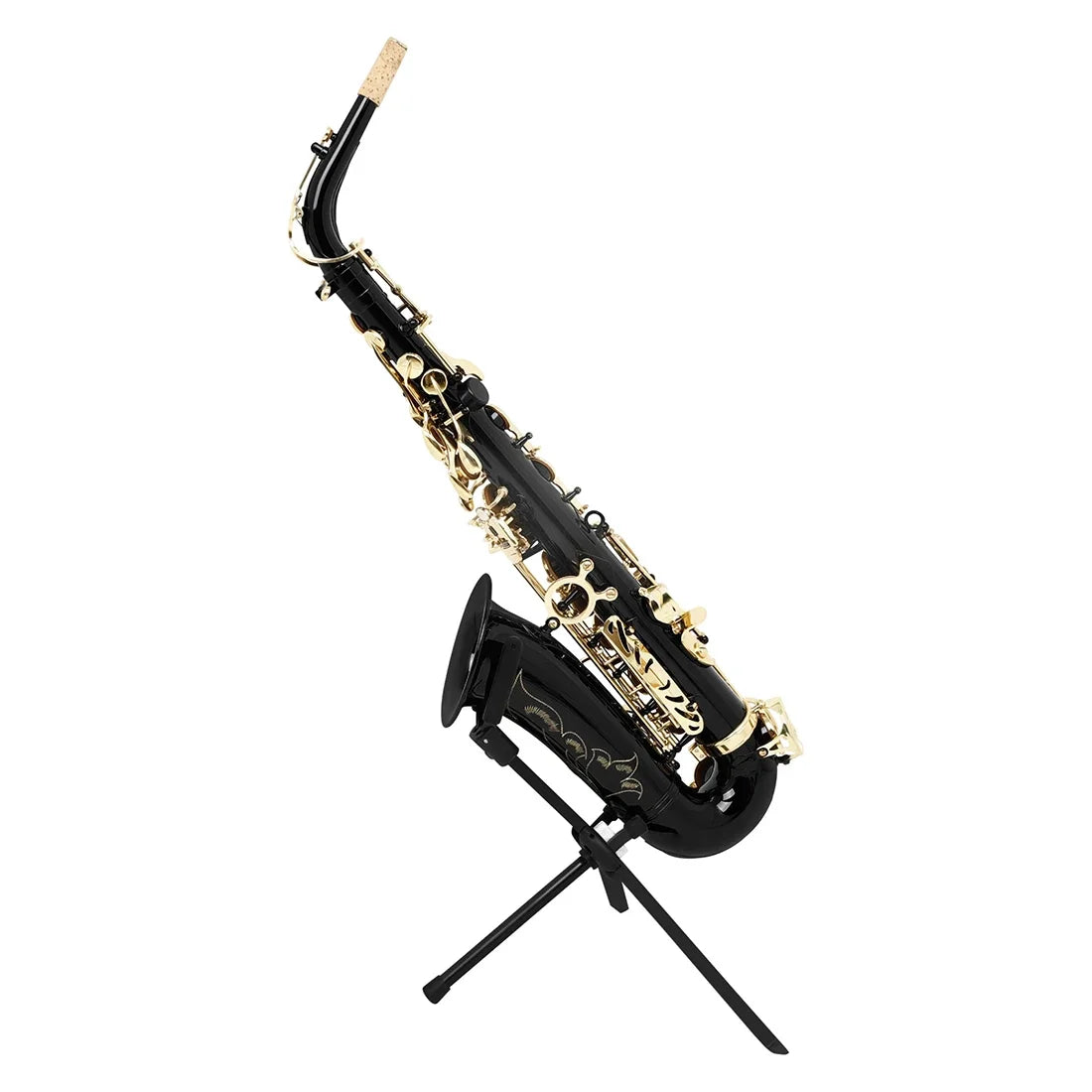 Black saxophone with gold keys resting on aluminum alloy flat support folding alto sax stand for woodwind instruments