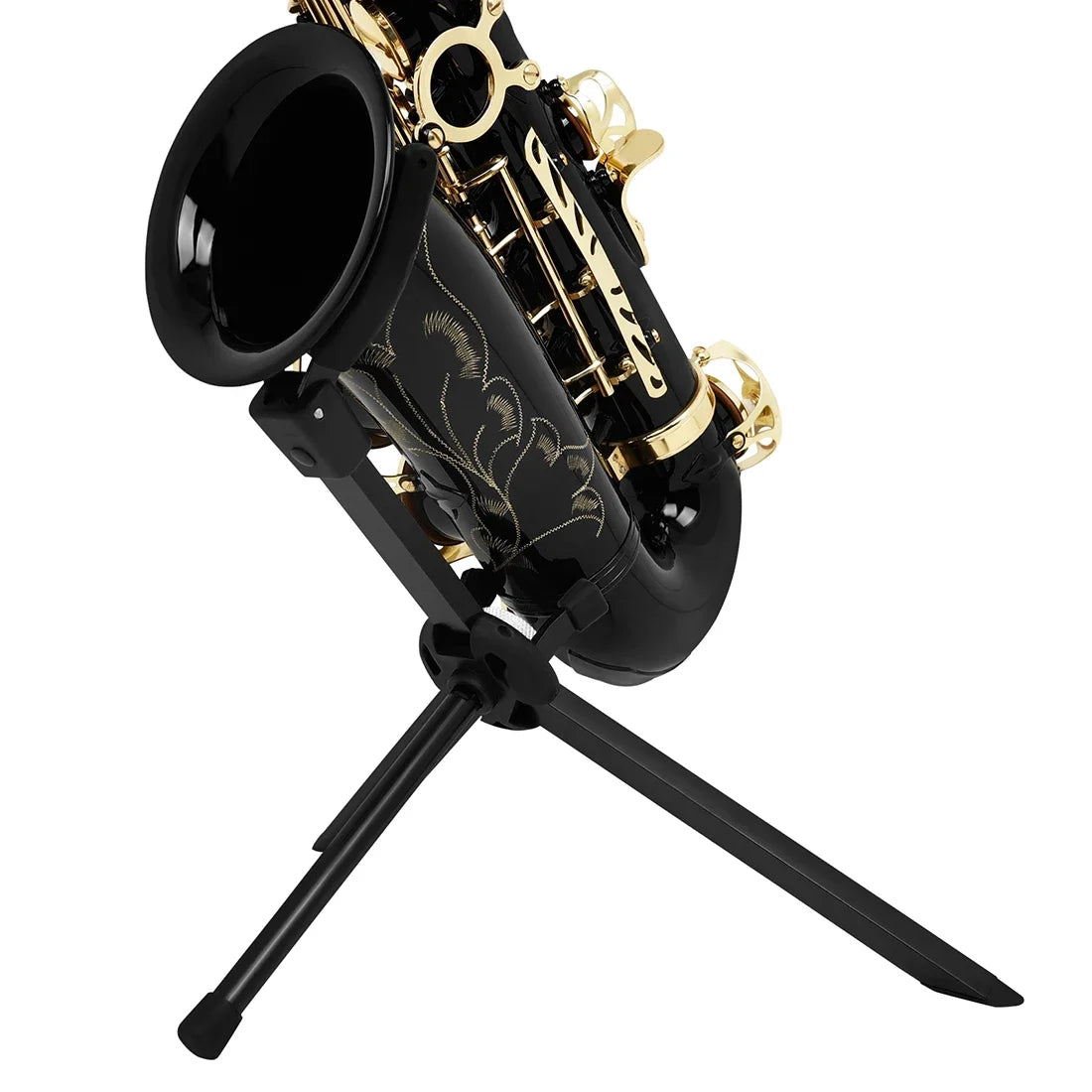Black saxophone with gold floral engraving resting on an aluminum alloy flat alto sax stand with alloy flat support