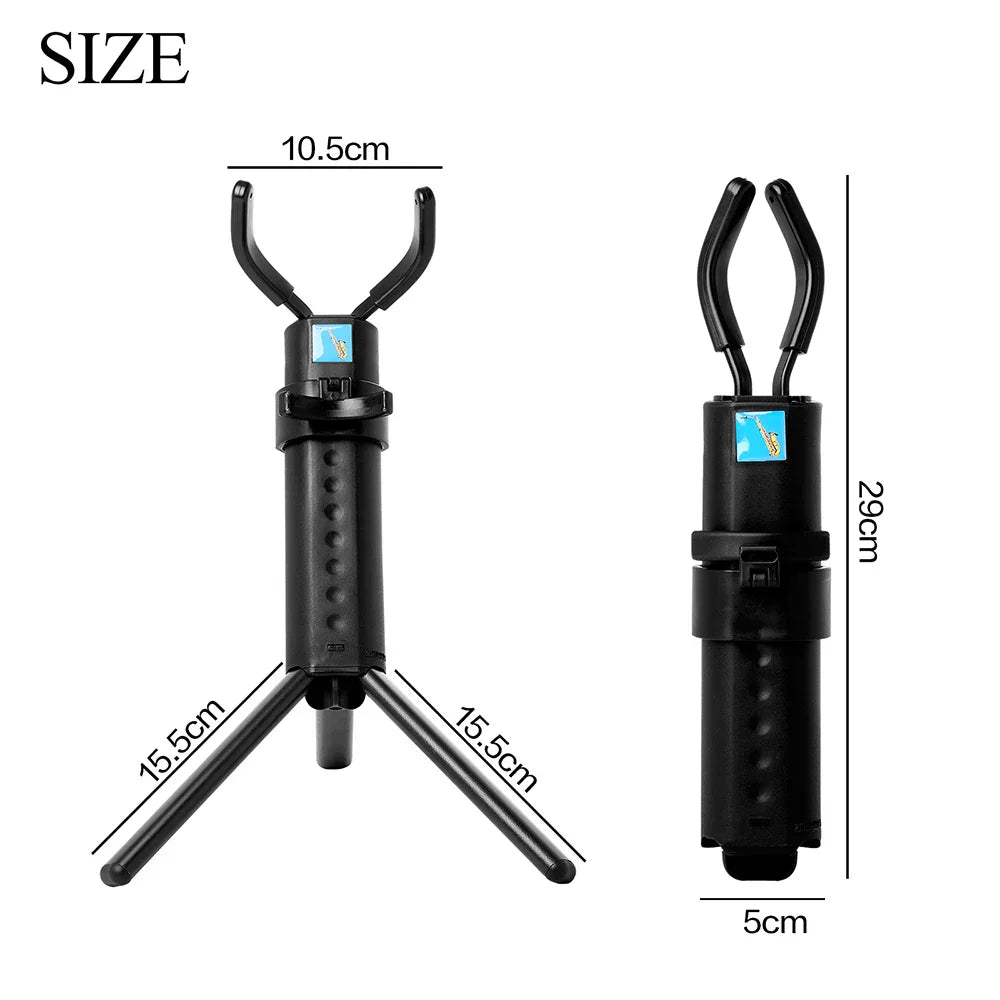 Black plastic alto saxophone stand portable foldable with metal legs tripod and adjustable clamping mechanism