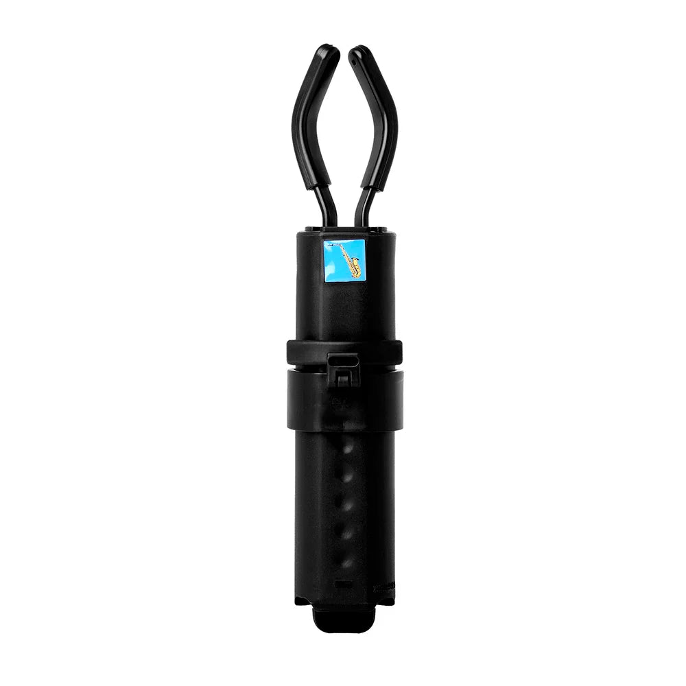 Black plastic alto saxophone stand portable foldable with metal legs tripod and blue saxophone label